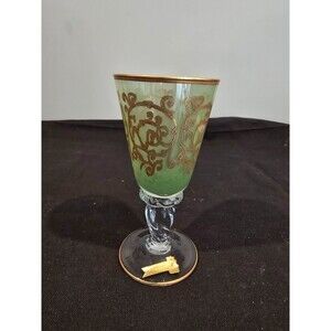 Vintage Interglass Italy Green Hand Painted 24K Gold Champagne Flute/Wine Glass